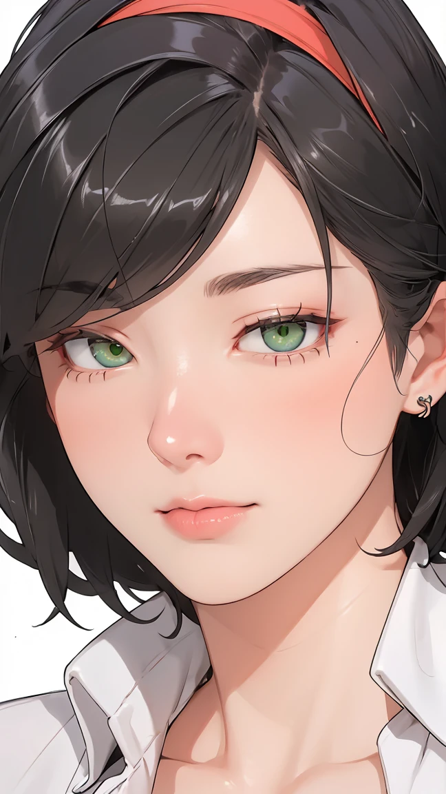 ((((masterpiece, best quality, high resolution)))), Extremely detailed 8K, Beautiful girl with voluptuous body, (Ultra HD, Ultra-detailed, Highly detailed, Highly realistic, Ultra-realistic, photograph realistic), (1girl:1.5), (Realistic black hair), (short wavy hair, hair ornaments, earrings), (dynamic poses), facing at camera, looking at viewer, (blushing red, embarrassed, smile), (green eyes, sharp eyes), (big perky breasts:1.2), (beautiful detailed face, beautiful detailed eyes),A picture of a girl in anime style holding a cassette tape. The girl has big eyes, black hair, and wears a red hairband. The cassette tape is red and she holds it up in front of her face. The background is simple and the main focus is on the girl and the cassette tape.