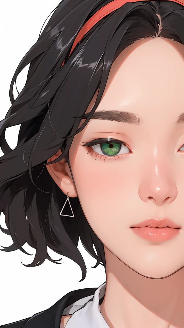((((masterpiece, best quality, high resolution)))), Extremely detailed 8K, Beautiful girl with voluptuous body, (Ultra HD, Ultra-detailed, Highly detailed, Highly realistic, Ultra-realistic, photograph realistic), (1girl:1.5), (Realistic black hair), (short wavy hair, hair ornaments, earrings), (dynamic poses), facing at camera, looking at viewer, (blushing red, embarrassed, smile), (green eyes, sharp eyes), (big perky breasts:1.2), (beautiful detailed face, beautiful detailed eyes),A picture of a girl in anime style holding a cassette tape. The girl has big eyes, black hair, and wears a red hairband. The cassette tape is red and she holds it up in front of her face. The background is simple and the main focus is on the girl and the cassette tape.