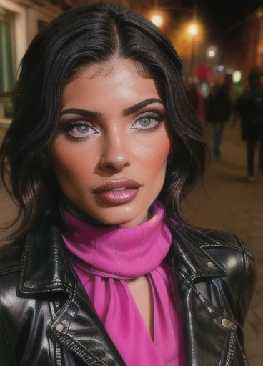 village1,1 girl, One, (realistic),(hyperrealism),(Best quality),(masterpiece),(ultra high resolution),(photorealistic),(granularity),(upper body),Eye makeup,detailed eyes,detailed face,black leather jacket, scarf, posing for a photo, on open air, 