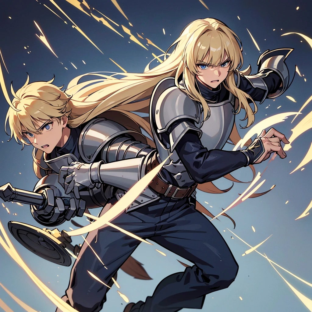 (Solo)、(Full body character concept)、Highest quality, Best Quality, Best illustrations, (((Grey Armor)))、(((Blond long hair man、Long-haired man、male、24-years-old、Cool guy)))、(Medieval Knight)、(Navy blue trousers)、(get annoyed、Clench your teeth)、(Living in the desert)、(White background)、Run、(front)、(Grab the sword)、(attack、Same angle、Deathblow、sparks)、Fighting stance