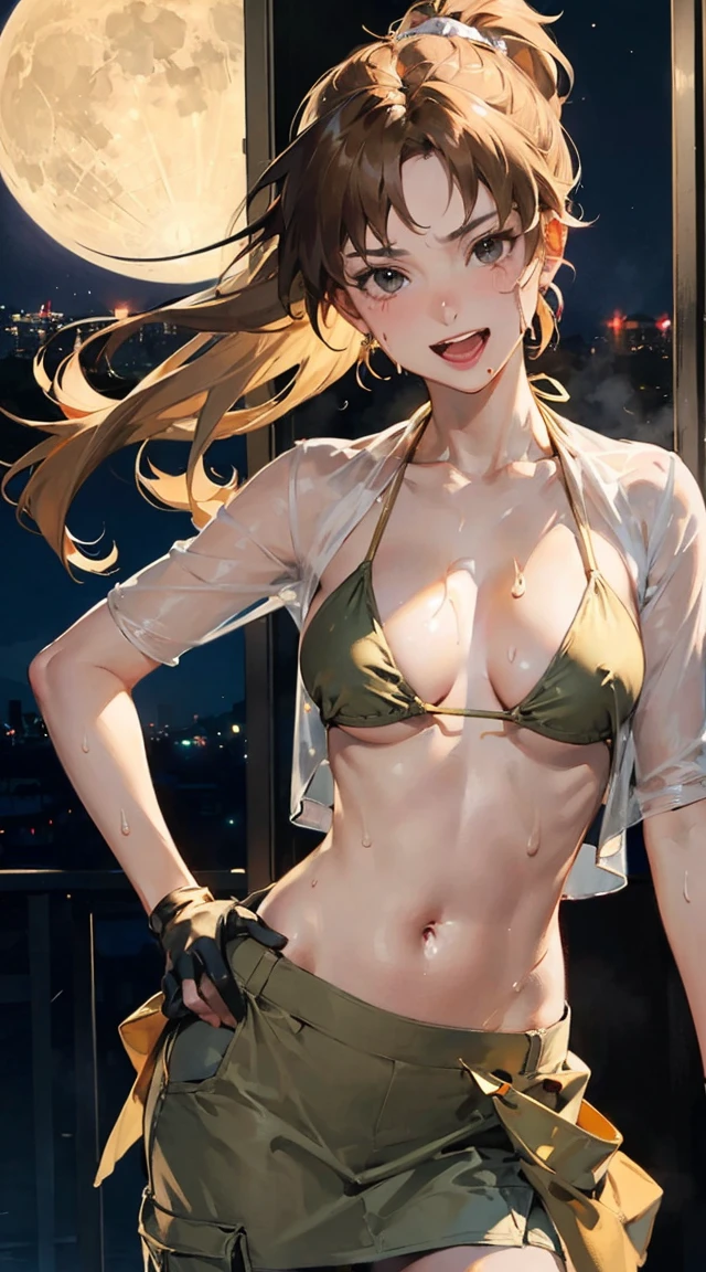 best quality, masterpiece, 1 mechanic girl, smiling, (wearing bikini-top, khaki cargo pants:1.4), gloves, (light brown ponytail hair with bangs:1.3), (sweating a lot:1.4), (contrapposto:1.3), (small breast, cleavage, underboob:1.2)　masterpiece,best quality,punk girl with pink mohawk hair, blurred night city background the sailor moon, Sailor Moon style, Beautiful,  moon princess, blond-haired princess, portrait of magical girl,  woman,20-year-old,,city,night,((white tight miniskirt bodysuit)),(Harada Makoto),open mouth smile,(((See-through))),((blonde)),long hair