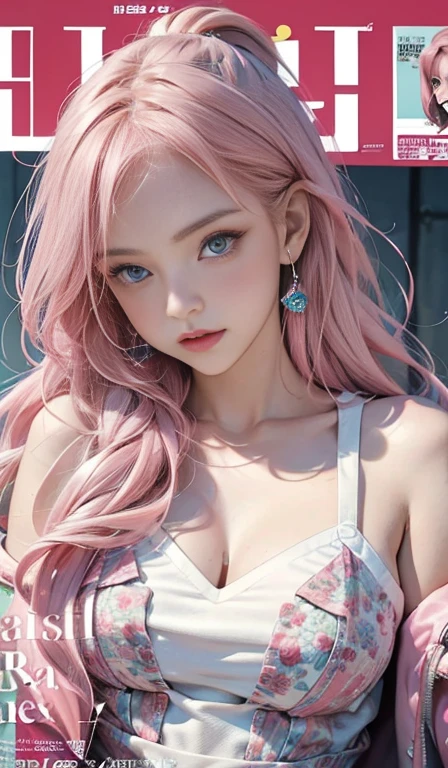 Highest quality, Masterpieces, High resolution, One girl, Super beautiful face, Very beautiful eyes, Very beautiful pink hair,(Magazine Cover:1.2),Trendy clothing,Expose your shoulders