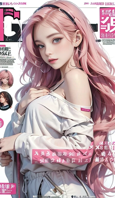 Highest quality, Masterpieces, High resolution, One girl, Super beautiful face, Very beautiful eyes, Very beautiful pink hair,(Magazine Cover:1.2),Trendy clothing,Expose your shoulders