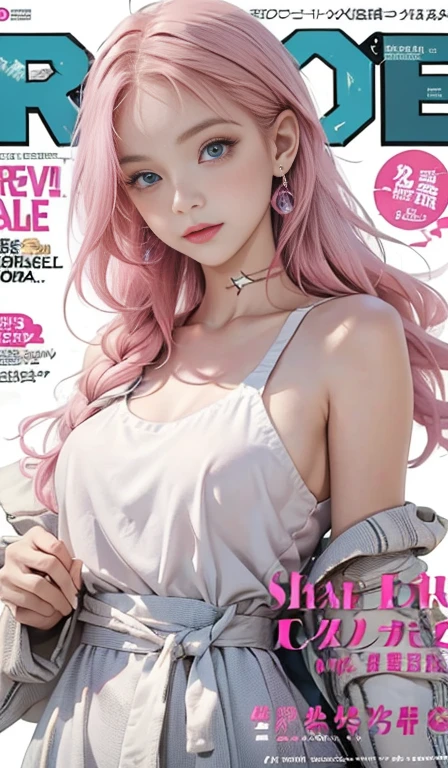 Highest quality, Masterpieces, High resolution, One girl, Super beautiful face, Very beautiful eyes, Very beautiful pink hair,(Magazine Cover:1.2),Trendy clothing,Expose your shoulders