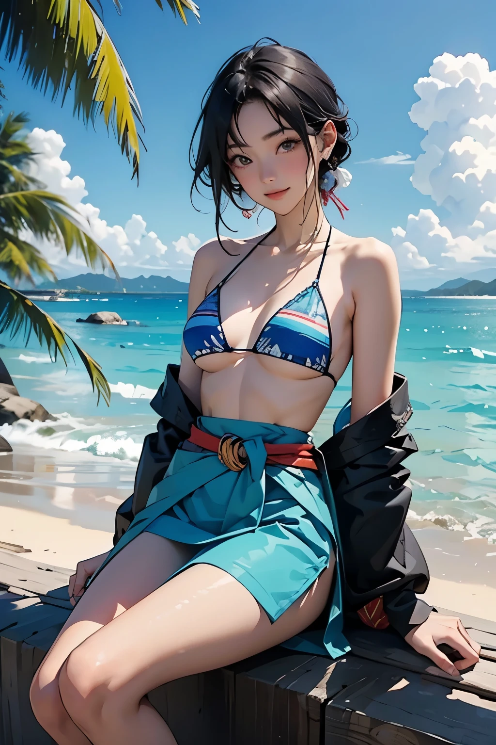 Beautiful 18 year old Japanese woman、Hair color is black、black eye、Medium Hair、Straight hair、smile、Slim but well-proportioned body,、sitting on a rock on the shore、Beautiful blue sky and white clouds、summer、Lace Bikini,Bikini Swimwear、(A pareo with bold ethnic patterns and primary colors wrapped around the waist and skirt)、The sea is beautiful、The horizon is beautiful、An island is visible offshore