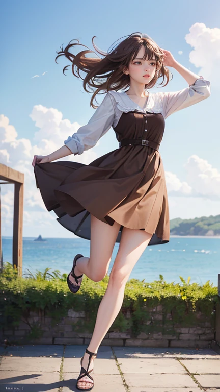 (Highest quality、 8k 、masterpiece、High resolution)、young woman、Medium chest、Slender beauty、Brown hair medium、Hair blowing in the wind、Hair flying back、Full Body Shot、It&#39;s dynamic、 (Beautiful Face,Beautiful eyes,Beautiful nose,Pretty lips)、A clean eyeliner、(Basic Fashion、Loose dressing)、Earrings、necklace、Her mouth opens slightly and a smile appears.、looking at the camera、Professional Lighting、Professional photographer、Outdoor、garden、Multicolored rose flowers、Detailed CG、