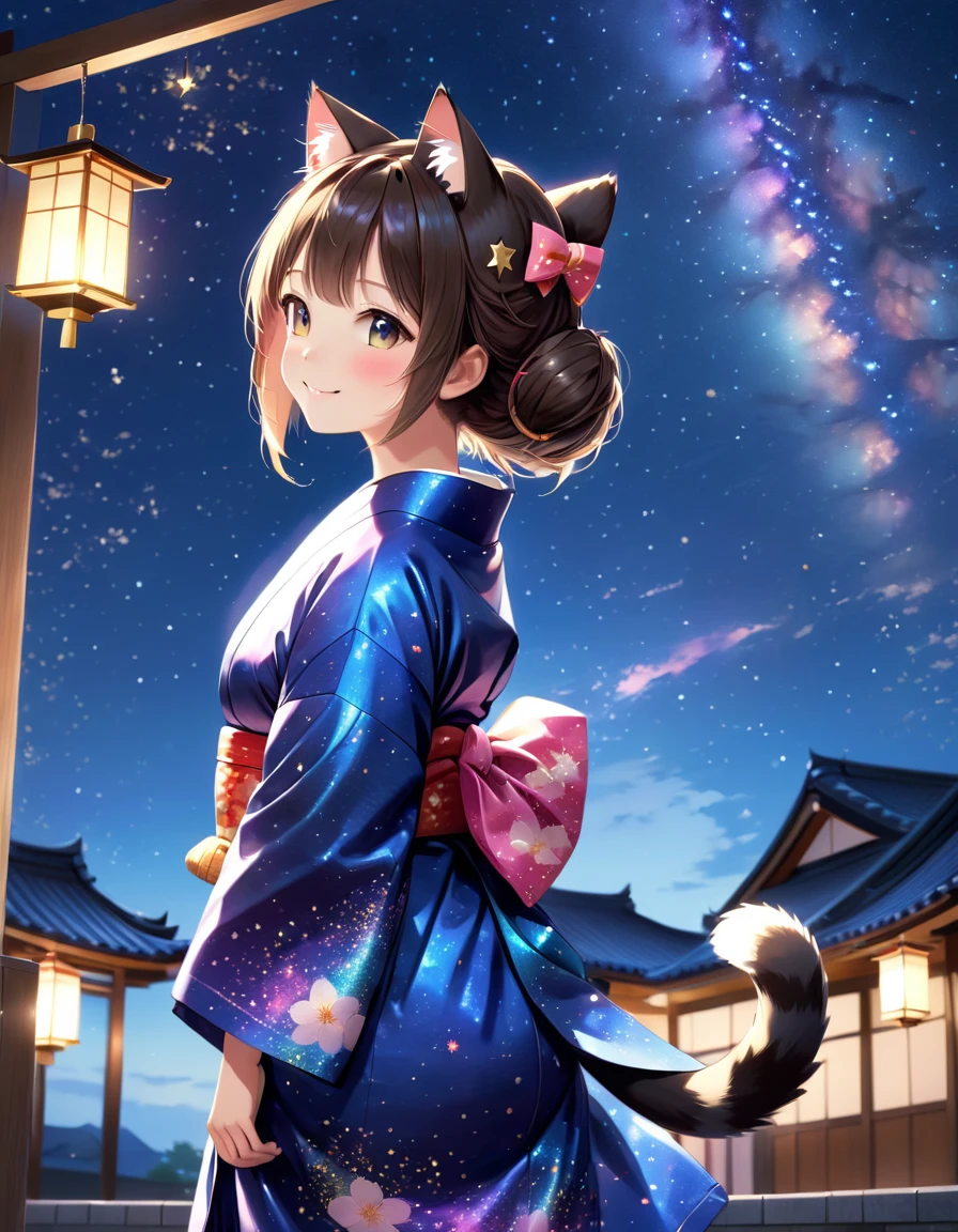 night, Starry Sky,Cute Yukata,Gazing at the sky,Cat ears and tail,high school girl,smile,Glitter effect,Highest quality, 8k, High resolution, masterpiece:1.2, Very detailed, Realistic:1.37, High resolution, 超High resolution, Ultra-fine painting, Very detailed, Professional, Vibrant colors