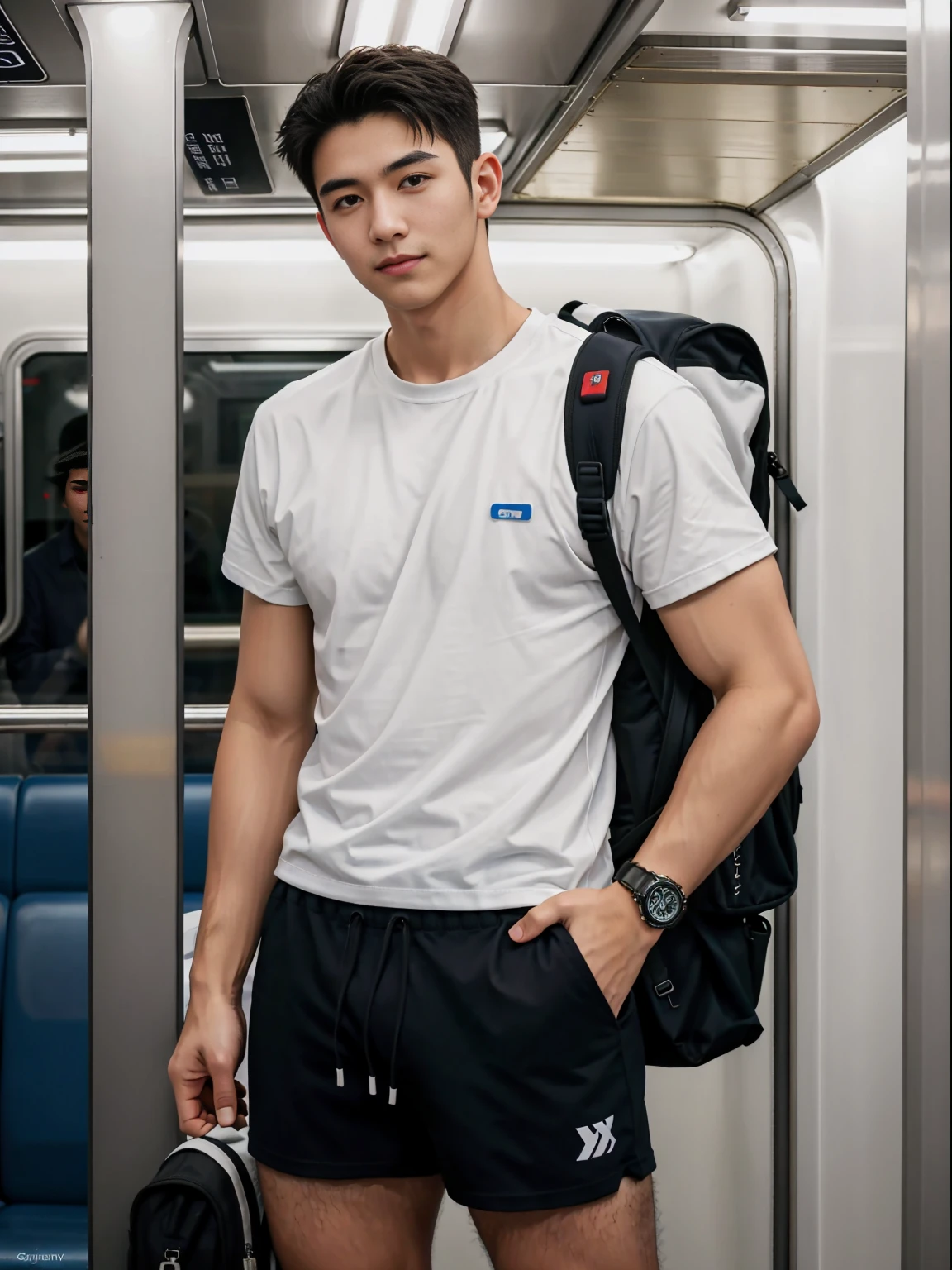 1 person,A 20-year-old man in the subway,Standing in a subway car,Ultra-flat head,White skinny sleeveless T-shirt,Wear yours with grey micro shorts,huge bulge, leg apart,musculous,Handsome,Look at your phone,Wear AirPods,Wear an Apple Watch,Sport backpack,white short socks,White sneakers,pervert smirk,exhilarated,full bodyesbian,Exposing thighs,Expose calves,Thick leg hair,In crowded subway cars,gentlesoftlighting,tmasterpiece,best qualtiy,8K UHD,digital SLR camera,filmgrain,Fujifilm XT3 Realistic painting art,Written by Midjourney and Greg Rutkowski