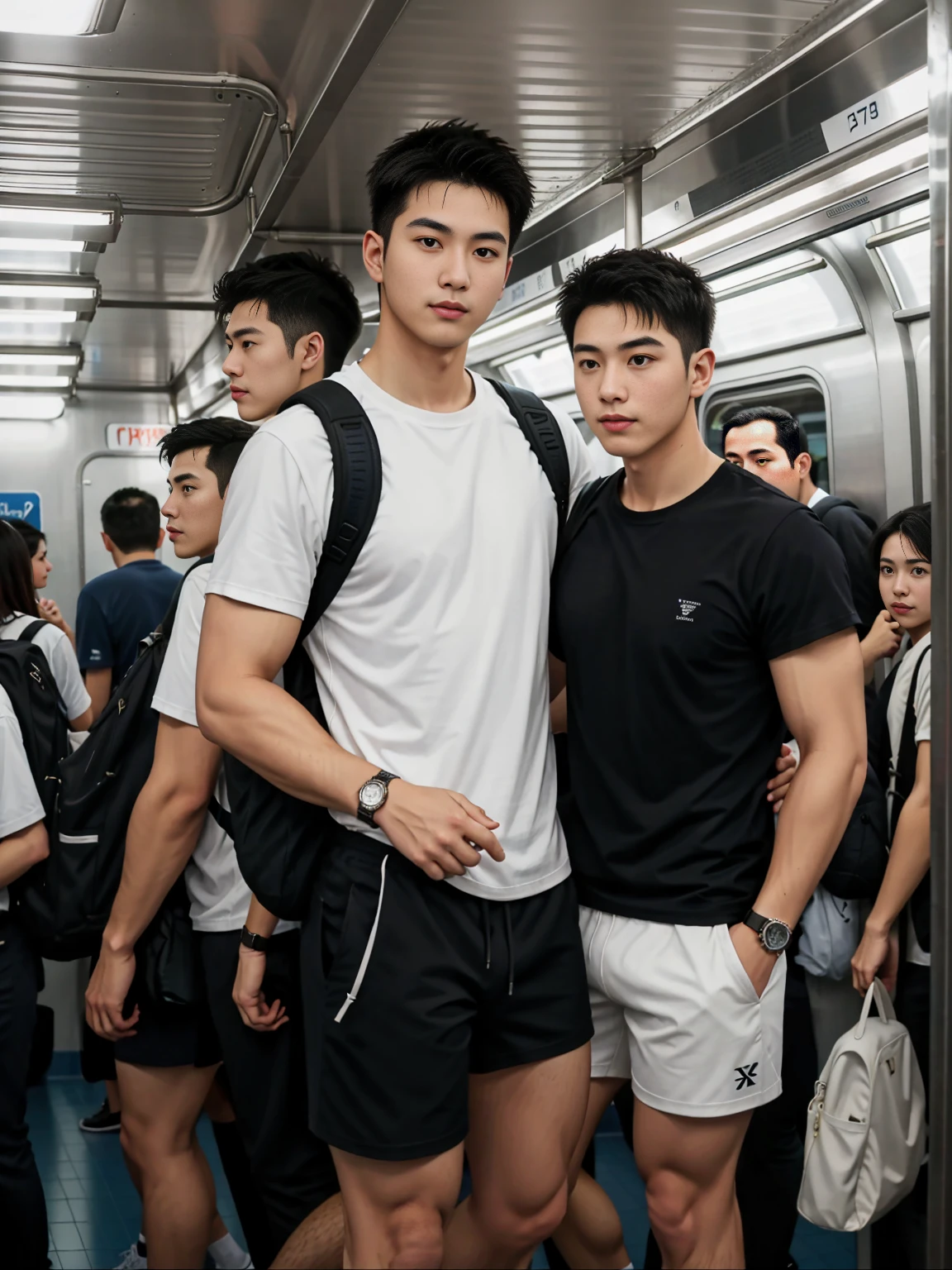 1 person,A 20-year-old man in the subway,Standing in a subway car,Ultra-flat head,White skinny sleeveless T-shirt,Wear yours with grey micro shorts,huge bulge, leg apart,musculous,Handsome,Look at your phone,Wear AirPods,Wear an Apple Watch,Sport backpack,white short socks,White sneakers,pervert smirk,exhilarated,full bodyesbian,Exposing thighs,Expose calves,Thick leg hair,In crowded subway cars,gentlesoftlighting,tmasterpiece,best qualtiy,8K UHD,digital SLR camera,filmgrain,Fujifilm XT3 Realistic painting art,Written by Midjourney and Greg Rutkowski
