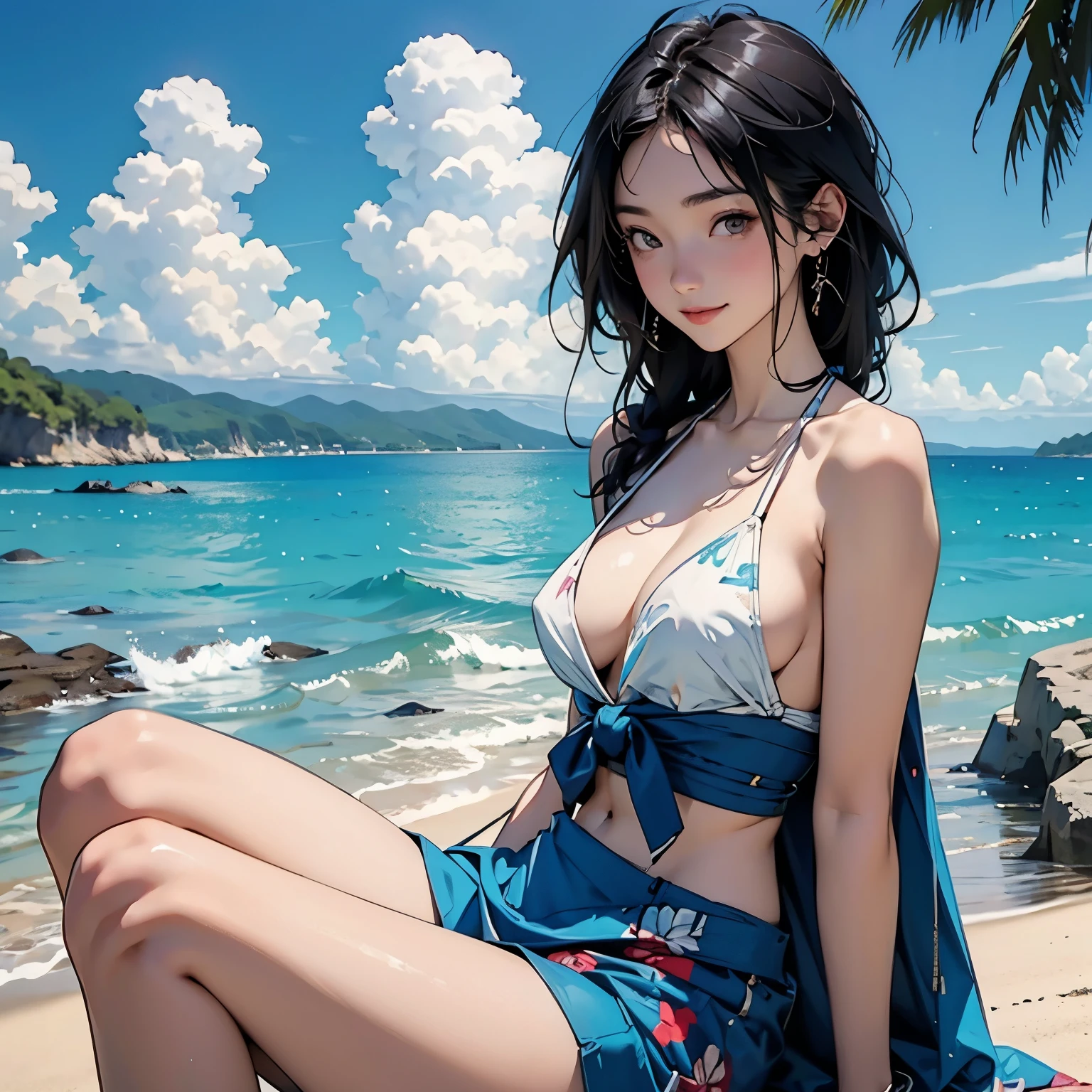 Beautiful 18 year old Japanese woman、Hair color is black、black eye、Medium Hair、Straight hair、smile、Slim but well-proportioned body,、sitting on a rock on the shore、Beautiful blue sky and white clouds、summer、Lace Bikini,Bikini Swimwear、(A pareo with bold ethnic patterns and primary colors wrapped around the waist and skirt)、The sea is beautiful、The horizon is beautiful、An island is visible offshore