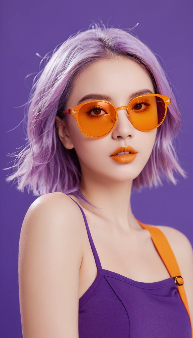 Thunder and lightning, Purple Hair, Purple Eyes, A girl wearing trendy orange sunglasses , Orange background, portrait