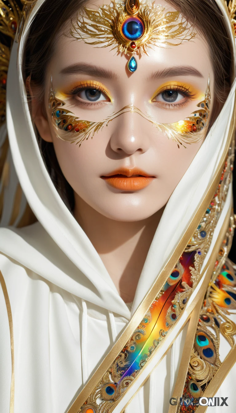 (masterpiece, Top quality, best quality, Official Art, beautiful and aesthetic:1.2), (1 Girl), Extremely detailed eyes, (Fractal Art:1.3), rich and colorful, The most detailed, (Perfect face), Glowing skin, HDR, (white cloak golden lines:1.2), galaxy, (Light stripes), Eye-Catching Visuals, (Dynamic Stripes, Luminous trails:1.2), Vibrant colors, (Phoenix), (dragon)