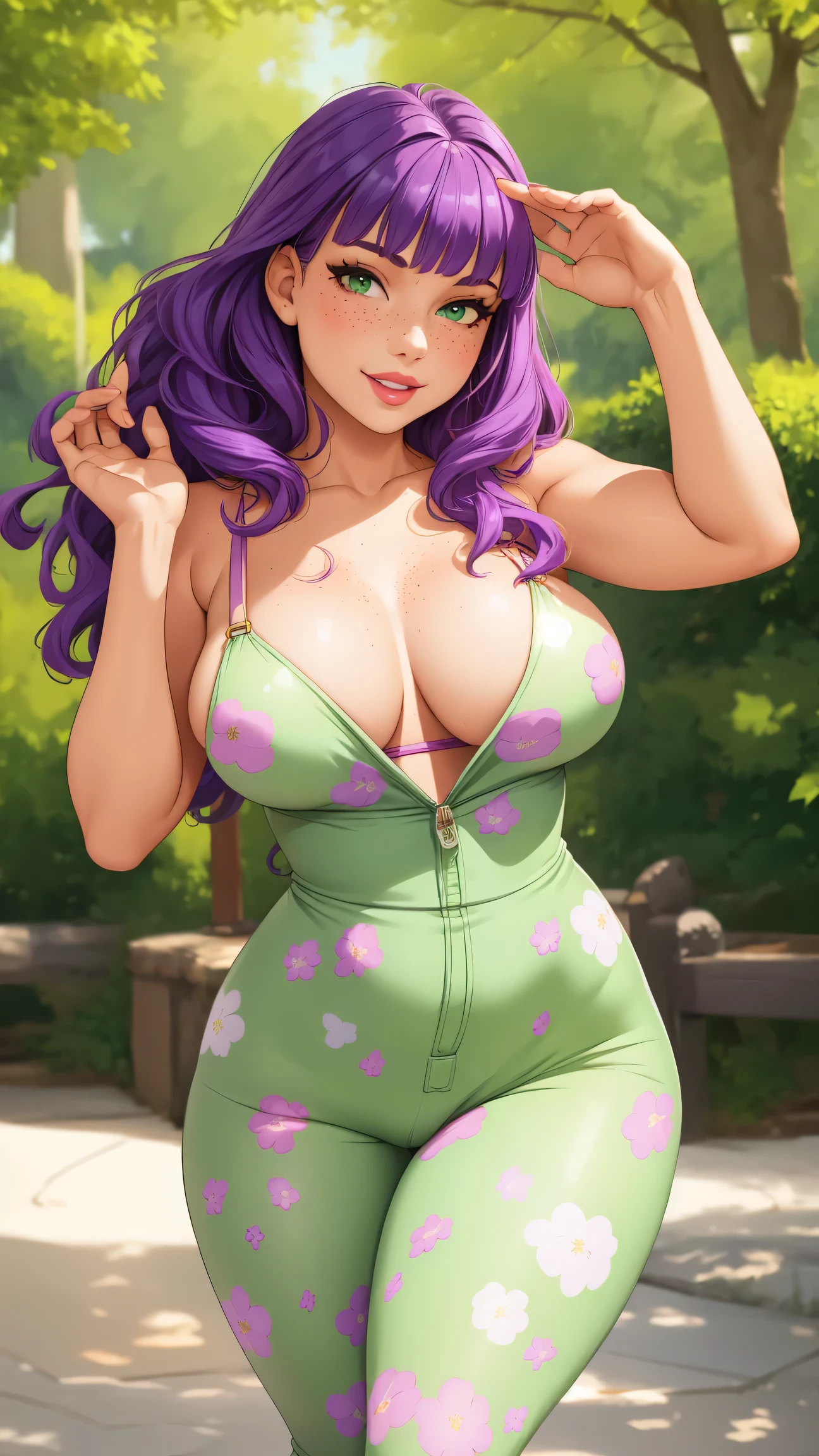 Beautiful medium breasts, 1girl, ((purple hair, wavy hair with bangs)) ((beautiful girl)) light green eyes, has an beautiful sensual body with freckles, with full breasts and thin waist, HIP HOP Beautiful and cute Floral print jumpsuit, short jumpsuit, fabric delicate, has a bold appearance. young, quality, realistic, best quality, cute expression, pink lipstick lips, Cute smile, leaning, In the park walking, beautiful trees