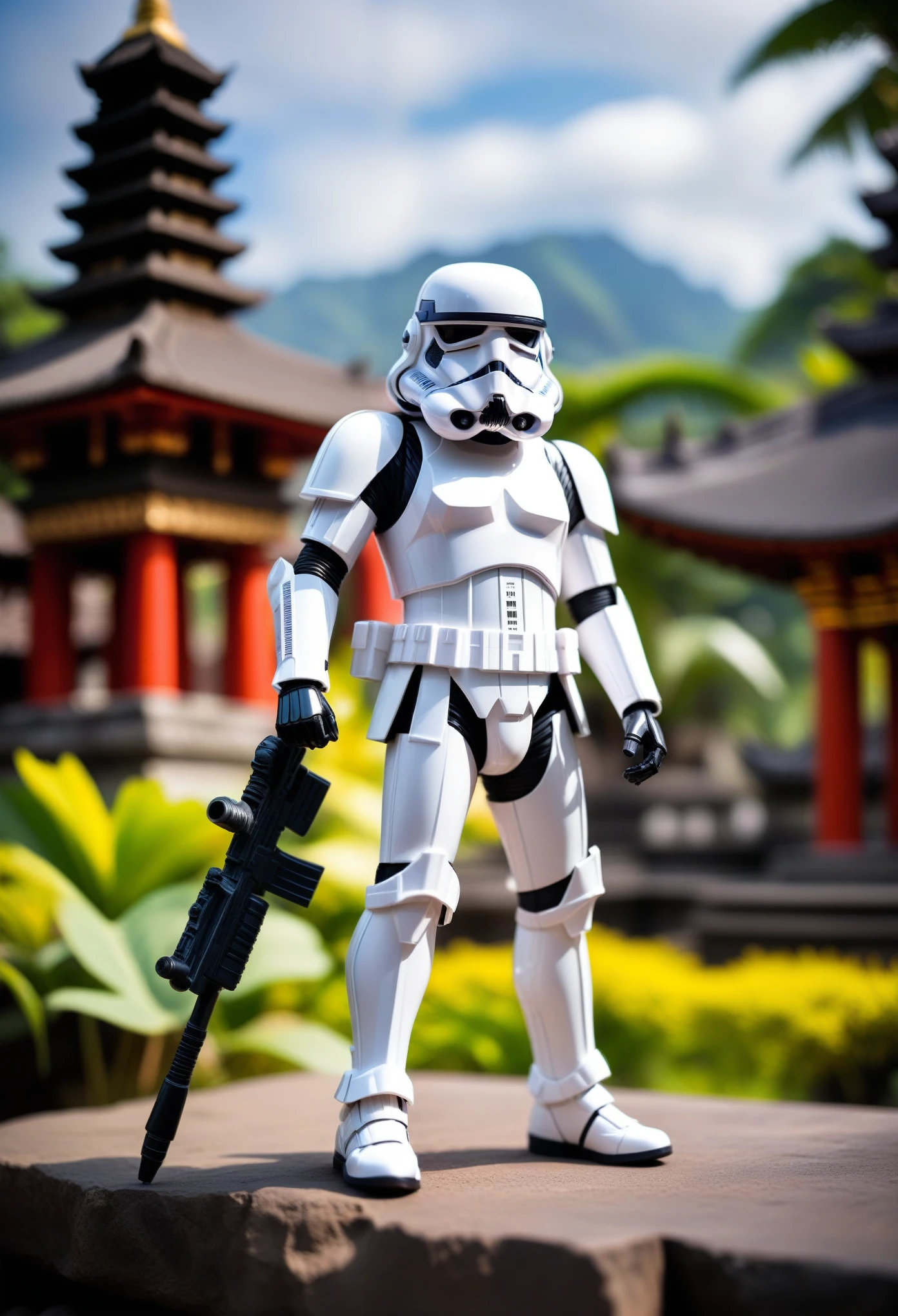 raw photo, tilt shift, sci-fi, action figurine stormtrooper, [bold contrasts],  sharp focus, Balinese temple background, wide view