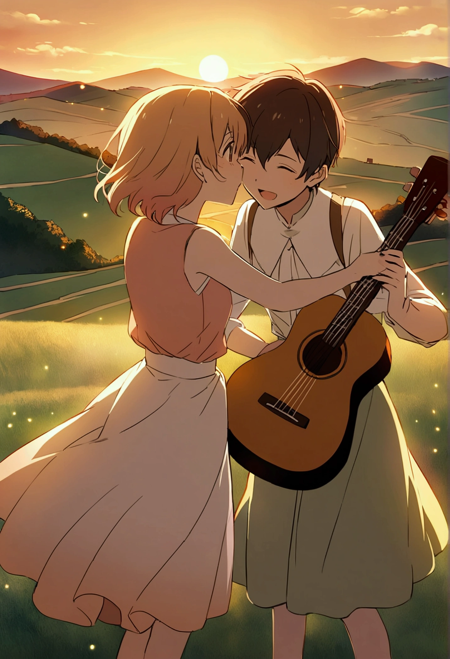 An evocative anime illustration capturing the emotional essence of a song. The scene features a young, determined individual standing on a hill, gazing out over a serene rural landscape at sunset. They hold a dream high above their head, symbolizing their aspirations and hopes. The golden light of the setting sun bathes the distant village or family home in warm hues.A melancholic acoustic guitar lies on the grass nearby, representing the emotional journey of the song. The young person's expression conveys a mix of determination, longing, and warmth, as they reminisce about a cherished loved one's kindness and warmth from their childhood.Ethereal images of happy memories with the loved one dance in the sky, adding a dreamlike quality to the scene. These moments include dancing, gentle smiles, and shared warmth, subtly interwoven with the clouds., anime