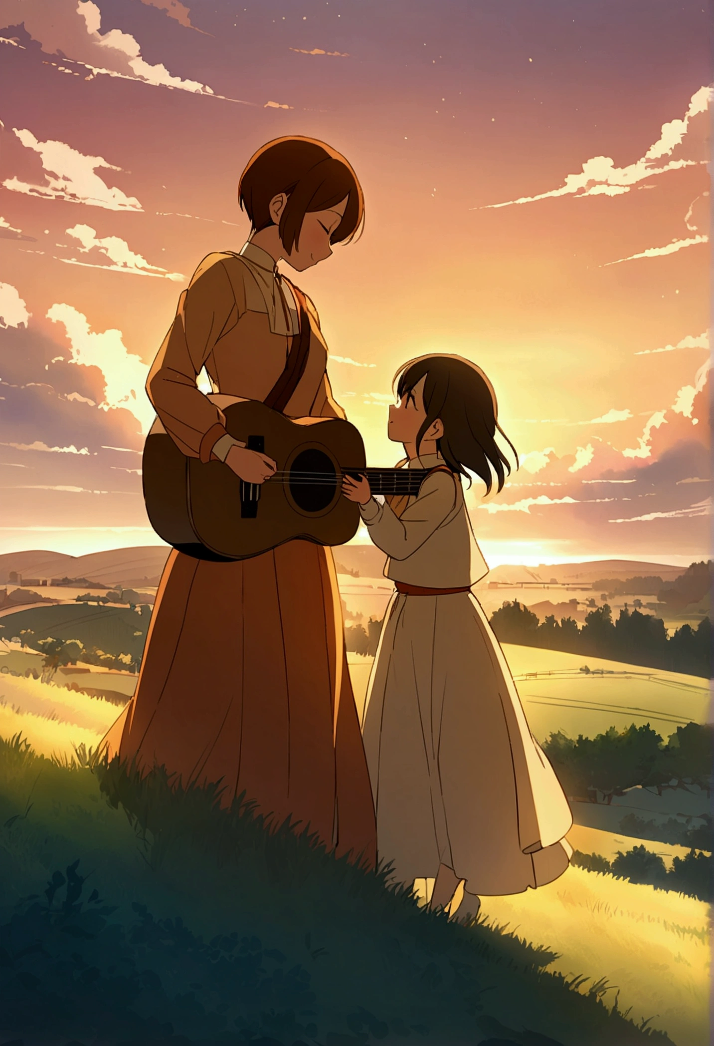 An evocative anime illustration capturing the emotional essence of a song. The scene features a young, determined individual standing on a hill, gazing out over a serene rural landscape at sunset. They hold a dream high above their head, symbolizing their aspirations and hopes. The golden light of the setting sun bathes the distant village or family home in warm hues.A melancholic acoustic guitar lies on the grass nearby, representing the emotional journey of the song. The young person's expression conveys a mix of determination, longing, and warmth, as they reminisce about a cherished loved one's kindness and warmth from their childhood.Ethereal images of happy memories with the loved one dance in the sky, adding a dreamlike quality to the scene. These moments include dancing, gentle smiles, and shared warmth, subtly interwoven with the clouds., anime