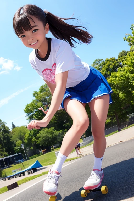 A girl riding a skateboard、T-Shirtini skirt with slit、smile、skateboard park、blue sky、