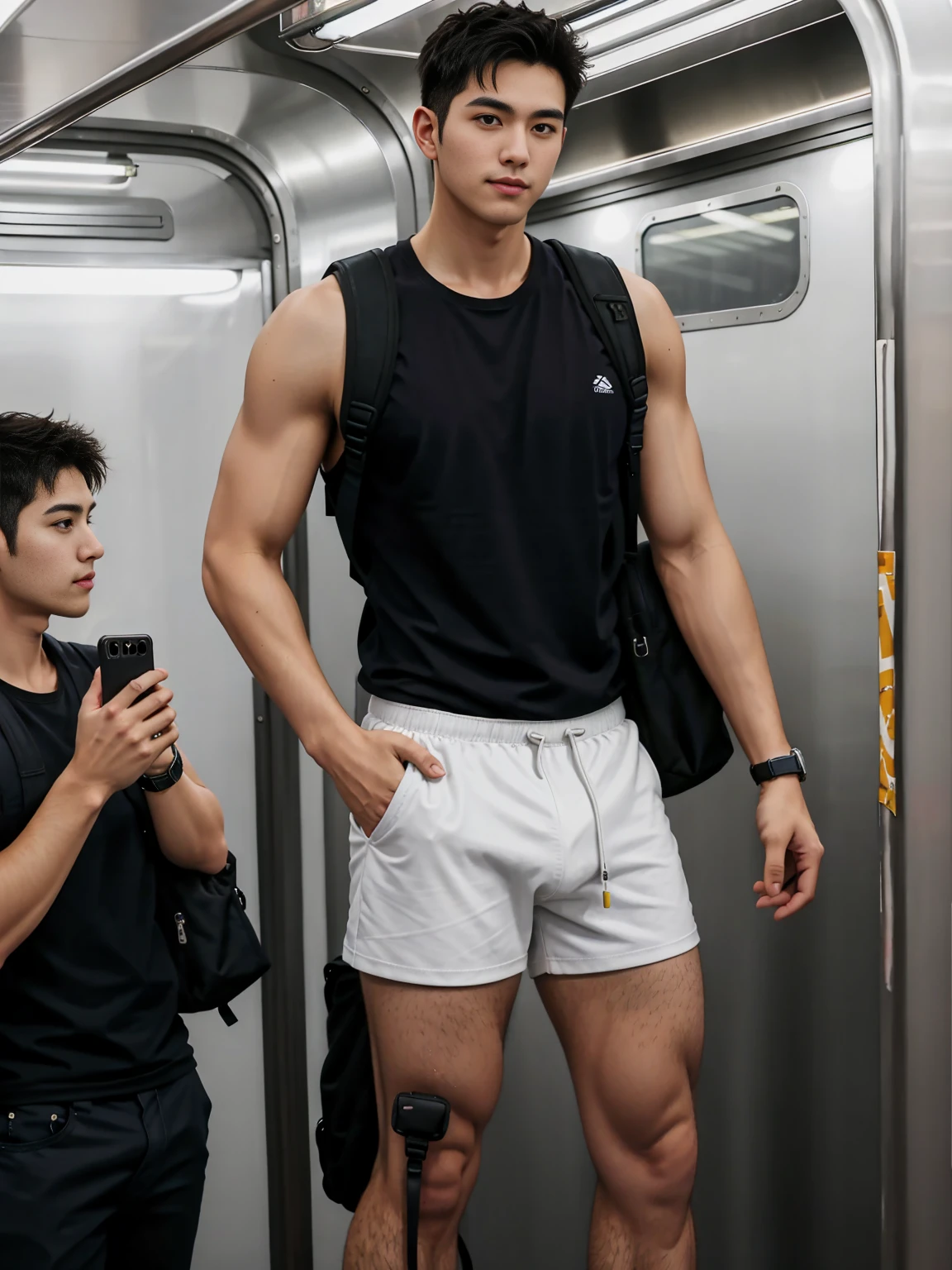 1 person,A 20-year-old man in the subway,Standing in a subway car,Ultra-flat head,White skinny sleeveless T-shirt,Wear yours with grey micro shorts,huge bulge, leg apart,musculous,Handsome,Look at your phone,Wear AirPods,Wear an Apple Watch,Sport backpack,white short socks,White sneakers,pervert smirk,exhilarated,full bodyesbian,Exposing thighs,Expose calves,Thick leg hair,In crowded subway cars,gentlesoftlighting,tmasterpiece,best qualtiy,8K UHD,digital SLR camera,filmgrain,Fujifilm XT3 Realistic painting art,Written by Midjourney and Greg Rutkowski