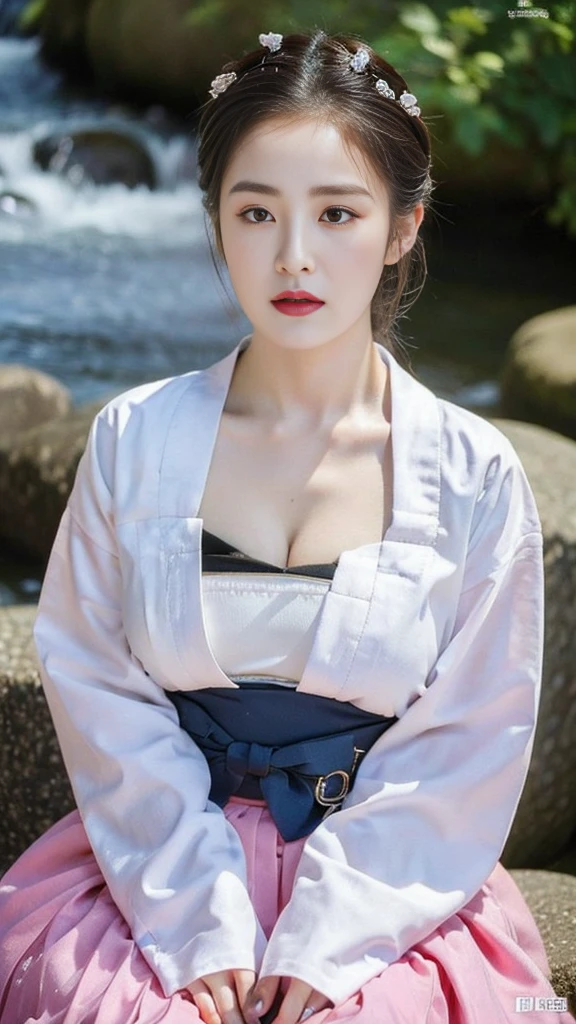 ((top quality, 8k, masterpiece: 1.3)),    beauty.   hidden face.     body slim thin seductive.  ((Queen's Mother. Korean royal empress)),     very detailed lips,     detailed eyes,     double eyelid,    face with makeup.    lipstick.     hair accessories,      hair bun.

((Wet hanbok)),

long legs_whole body.    sit down.     on the rocks.     at the edge of the waterfall, (((busty)))