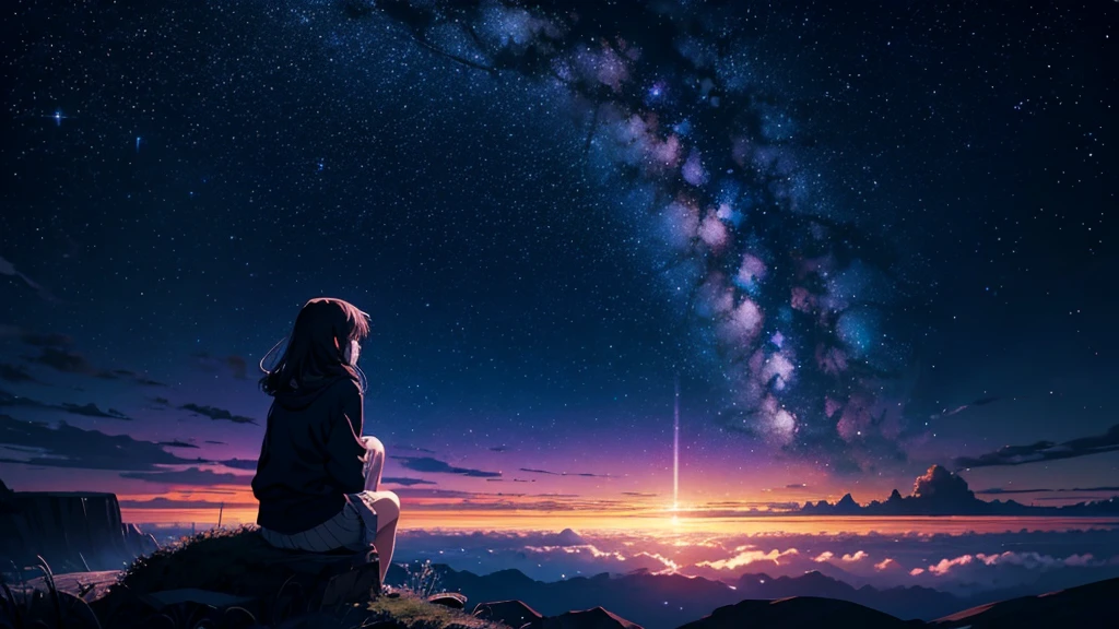 Anime Starry Sky,dark background,Anime girl sitting, Thoughtful and beautiful Looks at the Stars,mystical,Beautiful landscape,Breathtaking,About the beat Feels in the image,The scale of the painting is fascinating, 4k Wallpaper Images.