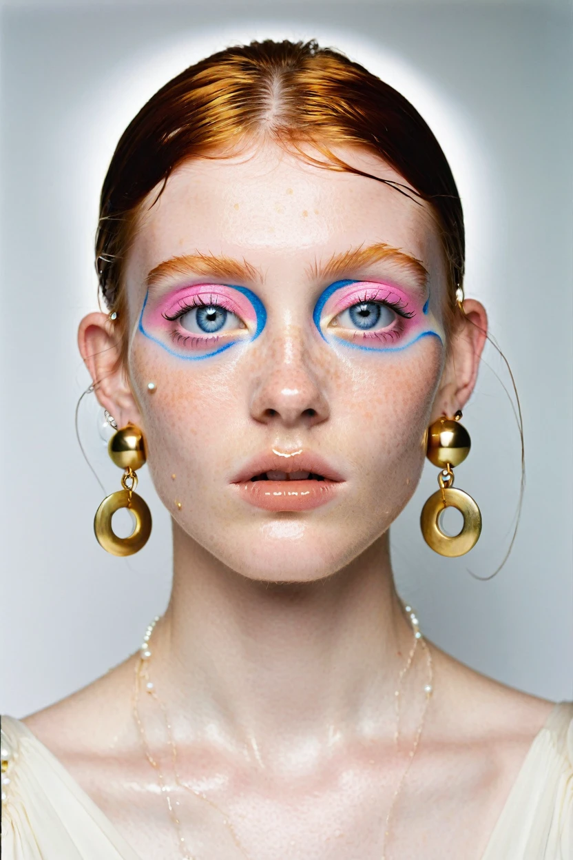 portrait of a young woman with distinctive pink eye makeup, symmetric swirls around eyes, piercing blue eyes, light freckled skin, wet hair, bold statement gold hoop earrings with dangling pearls, asymmetric shoulder dress in off-white, 25 years old, fair complexion, high fashion editorial style, inspired by richard avedon, masterpiece