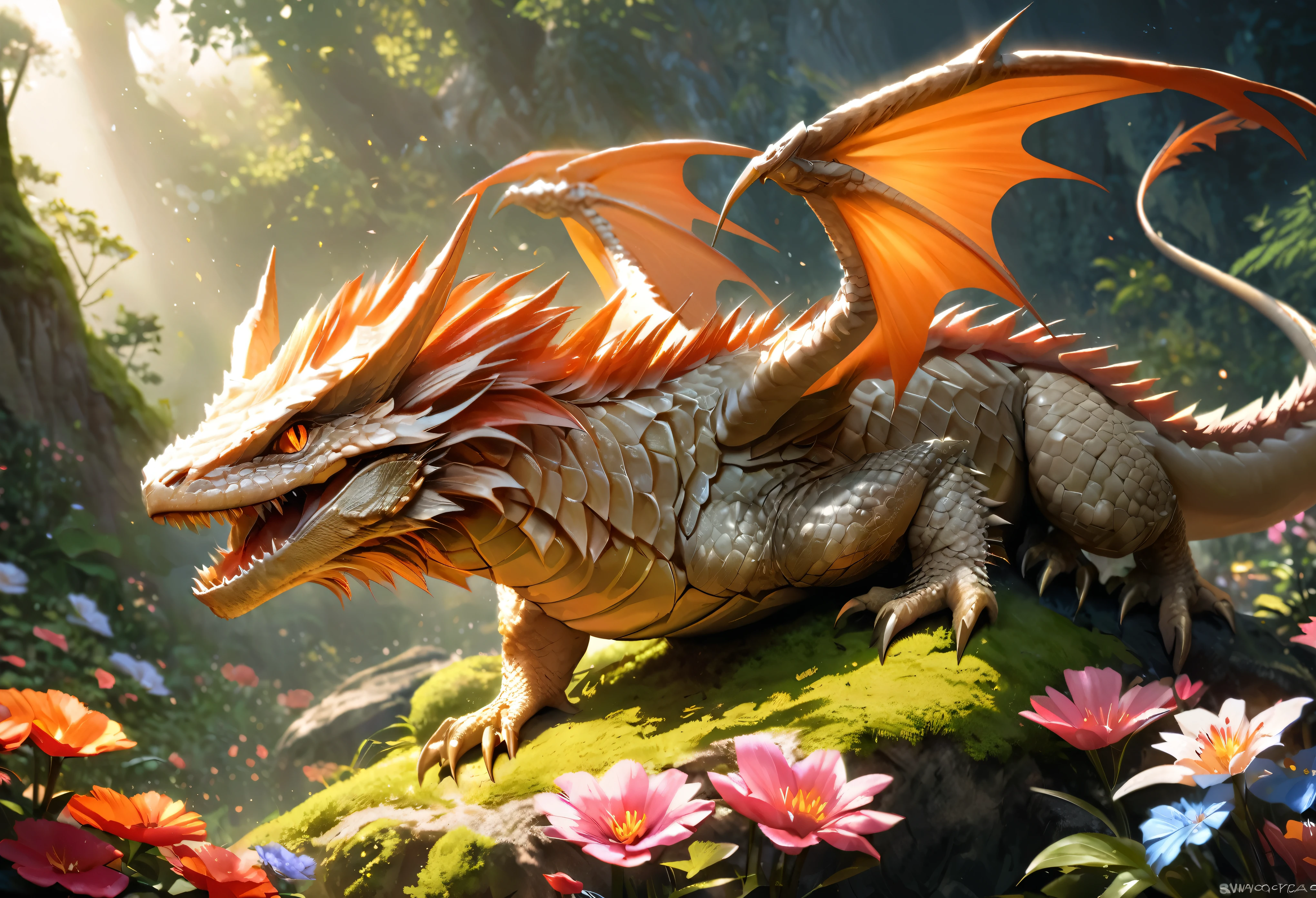 Wings:1,(best quality,realistic,ultra-detailed),dragon and bearded dragon hybrid,bearded dragon,tan and albino orange coloring,scaly texture,detailed scales,sharp claws,piercing eyes,long tail,wings sprouting from the back of the dragon,majestic posture,in a lush garden surrounded by blooming flowers,on top of a moss-covered rock,soft sunlight casting warm shadows,vibrant colors,powerful presence,natural blending of dragon and bearded dragon features,exquisite attention to detail, horn, swam environment