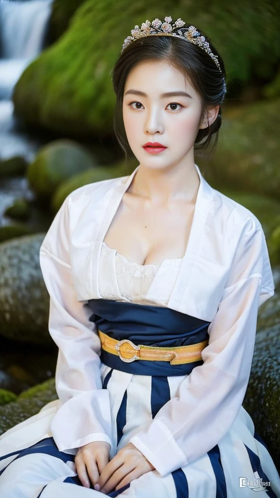 ((top quality, 8k, masterpiece: 1.3)),    beauty.   hidden face.     body slim thin seductive.  ((Queen's Mother. Korean royal empress)),     very detailed lips,     detailed eyes,     double eyelid,    face with makeup.    lipstick.     hair accessories,      hair bun.

((Wet hanbok)),

long legs_whole body.    sit down.     on the rocks.     at the edge of the waterfall, (((busty)))