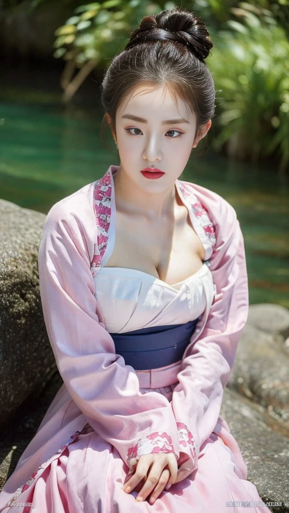 ((top quality, 8k, masterpiece: 1.3)),    beauty.   hidden face.     body slim thin seductive.  ((Queen's Mother. Korean royal empress)),     very detailed lips,     detailed eyes,     double eyelid,    face with makeup.    lipstick.     hair accessories,      hair bun.

((Wet hanbok)),

long legs_whole body.    sit down.     on the rocks.     at the edge of the waterfall, (((busty)))