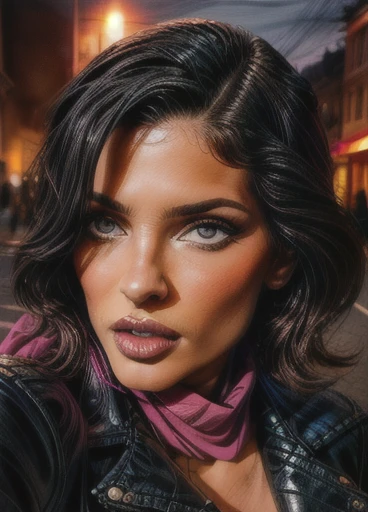 village1,1 girl, One, (realistic),(hyperrealism),(Best quality),(masterpiece),(ultra high resolution),(photorealistic),(granularity),(upper body),Eye makeup,detailed eyes,detailed face,black leather jacket, scarf, posing for a photo, on open air, 