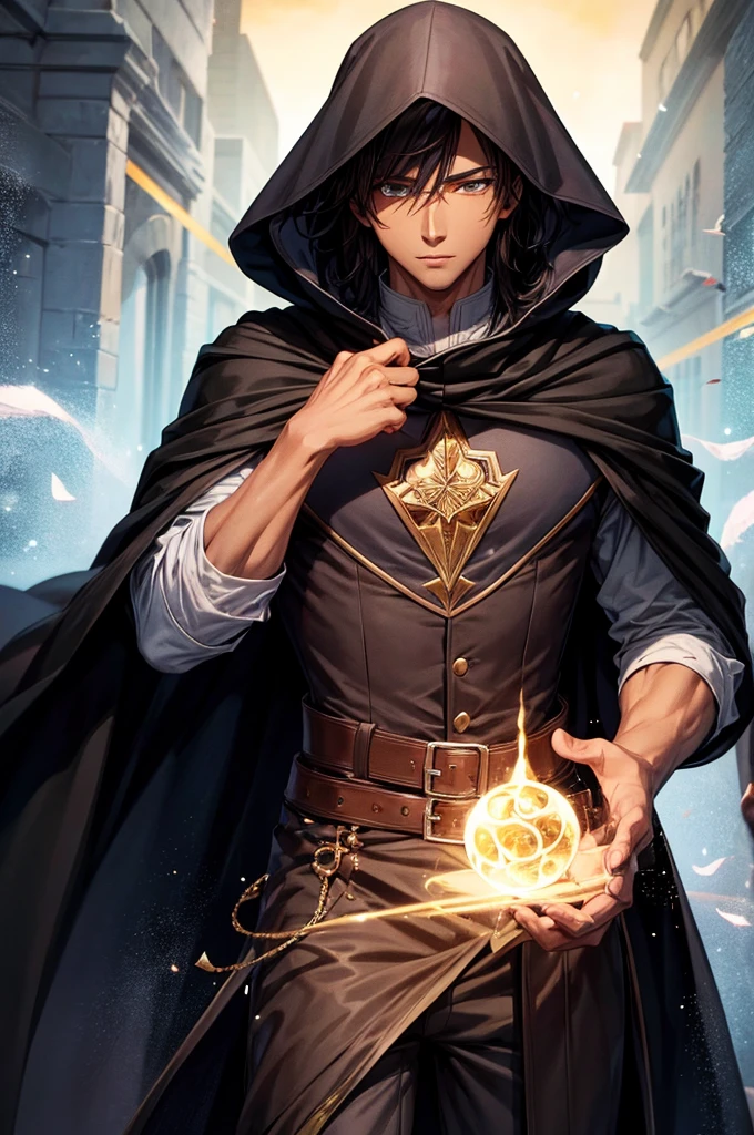A handsome young man with magic in a black cloak from an anime. brown skin