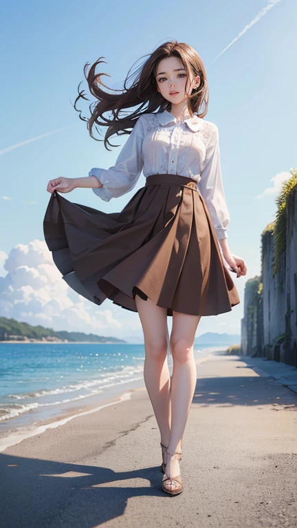(Highest quality、 8k 、masterpiece、High resolution)、young woman、Medium chest、Slender beauty、Brown hair medium、Hair blowing in the wind、Hair flying back、Full Body Shot、It&#39;s dynamic、 (Beautiful Face,Beautiful eyes,Beautiful nose,Pretty lips)、A clean eyeliner、(Basic Fashion、Loose dressing)、Earrings、necklace、Her mouth opens slightly and a smile appears.、looking at the camera、Professional Lighting、Professional photographer、Outdoor、garden、Multicolored rose flowers、Detailed CG、