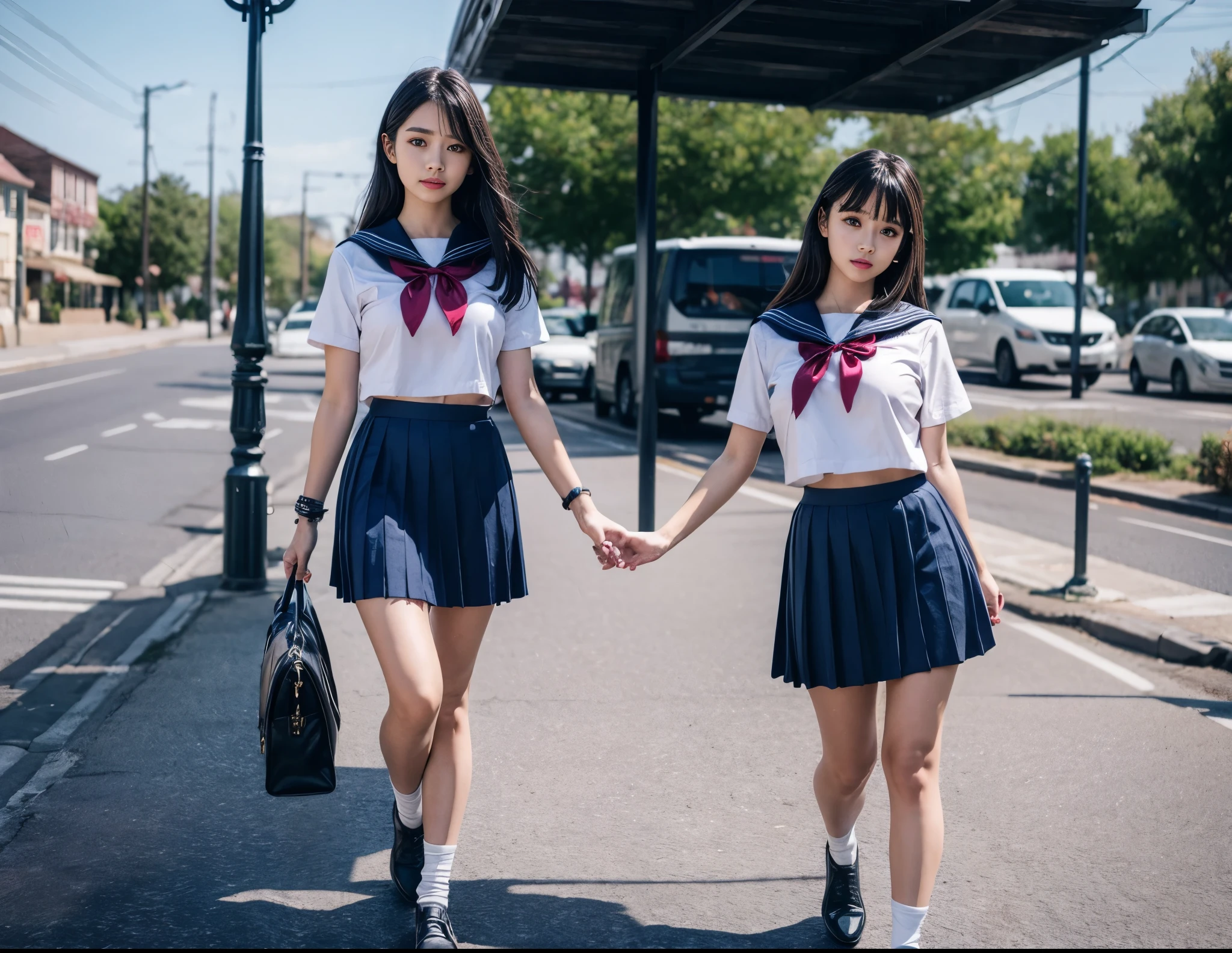 1girl, 18yo girl, sailor uniform, ((ankle length long navy blue skirt)), at the bus stop, big breast size, detailed face, beautiful eyes, long eyelashes, delicate facial features, serene expression, soft natural lighting, pastel colors, realistic, photorealistic, 8k, high quality, masterpiece