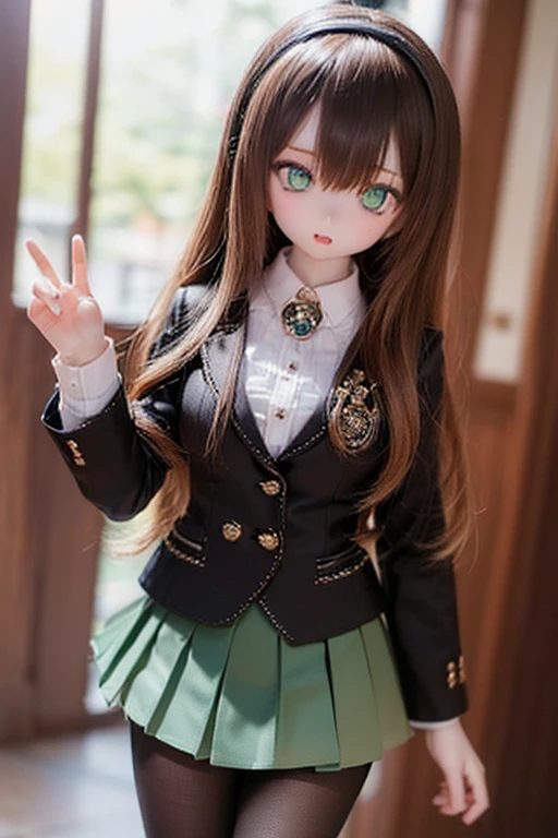 (SFW:2), photorealistic, realistic photo, 8k, ((highest quality)), ((masterpiece)), (extremely detailed), kukolnydom, doll, (mature woman, 21yo, 21 years old, solo:1.6), ((cowboy shot, stylish pose, slim, slender, skinny, medium breasts, hairband, ascot, jacket, dress shirt, long puff sleeves, pleated skirt, black pantyhose)), (green eyes, brown hair, long hair, plastic skin, looking at viewer, glass eyes, gradient eyes, shining eyes, detailed eyes:1.3)