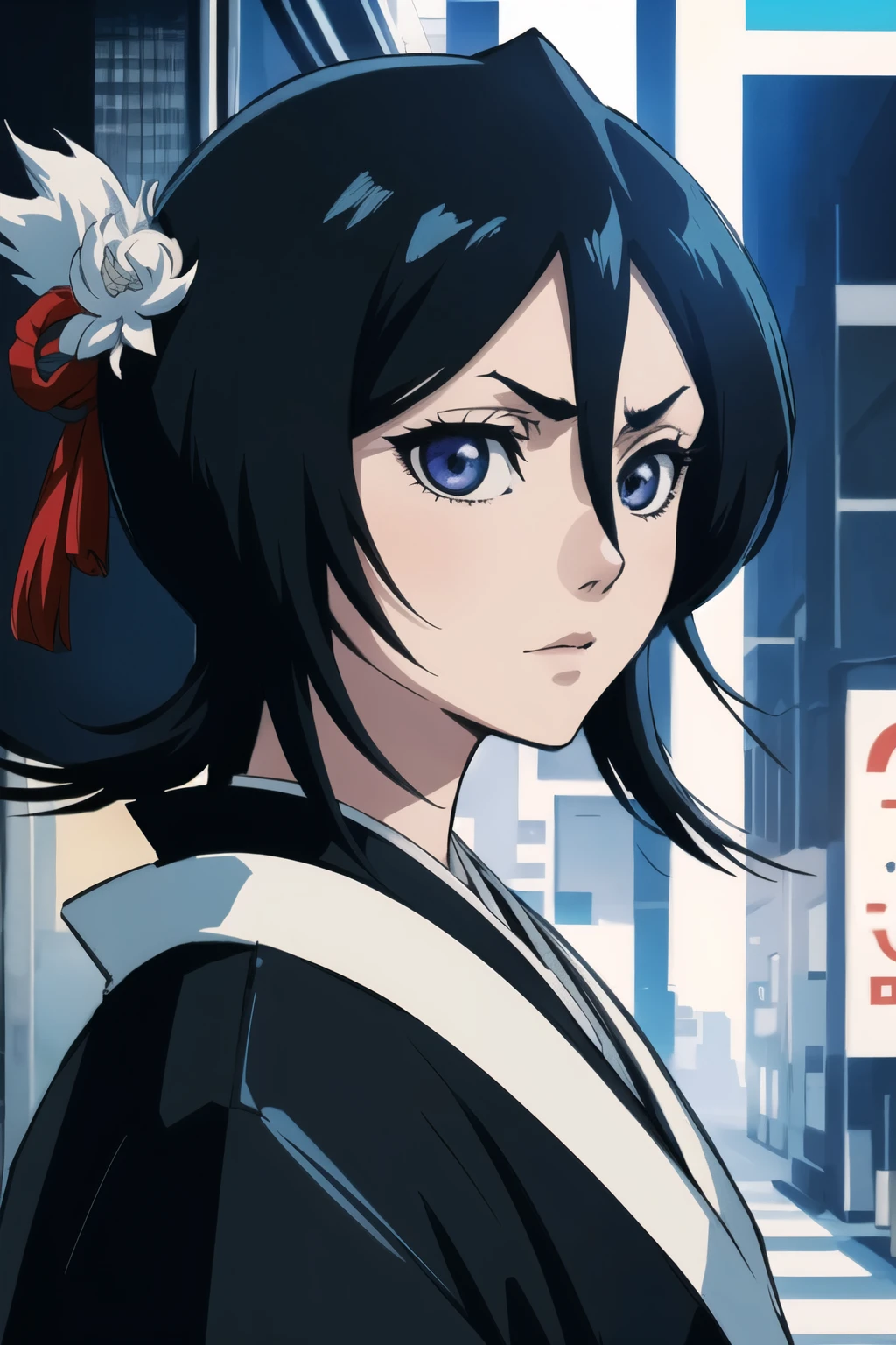 thick outlines, photorealistic, 1 girl, Alone, ice, kuchiki_Rukia, black kimono, japanese city, detailed background, detailed face, detailed eyes, 