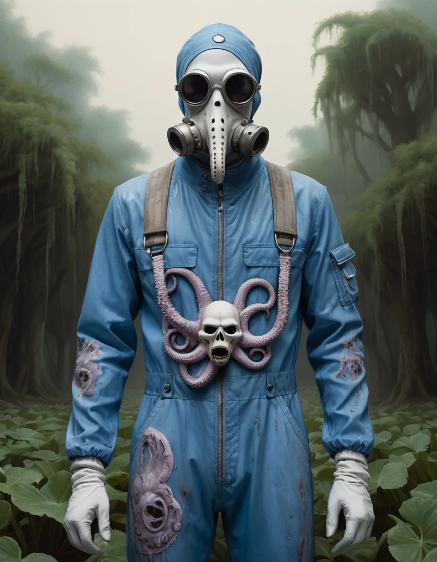 (by Kadir Nelson:0.8) , scene art, landscape of a Kraken and Alhambresque Yamaha, mechanical, it is wearing a Faded and torn clown costume covered in grime, its Blue boiler suit and white emotionless mask is tailored by Karl Lagerfeld, Spring, White and Lilac, Junglecore, minimalist, gothic