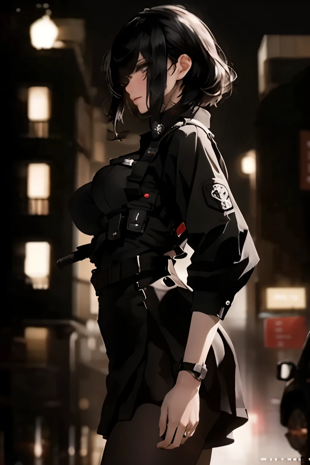 ((best quality)), ((Masterpiece)), (details), 1 girl, SWAT uniform, Curtain bangs, black hair, short skirt, big breasts, city background, night, เหมือนจริง, 8k, natural lighting, soft lighting, sunlight, HDR (High Dynamic Range), Maximum Clarity And Sharpness, Multi-Layered Textures