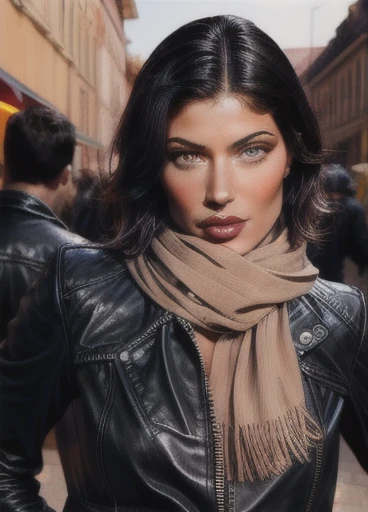 village1,1 girl, One, (realistic),(hyperrealism),(Best quality),(masterpiece),(ultra high resolution),(photorealistic),(granularity),(upper body),Eye makeup,detailed eyes,detailed face,black leather jacket, scarf, posing for a photo, on open air, 