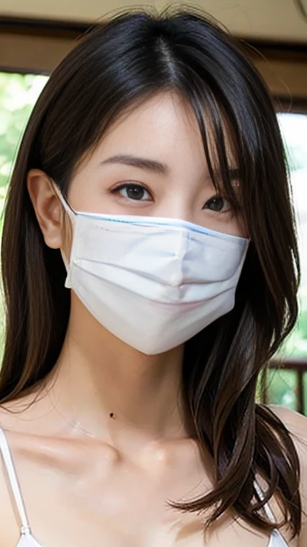 a close up of a woman in a white bra and panties, sexy girl, oppai, japanese goddess, japanese model, sfw huge breasts, beautiful asian girl, asian girl, white bra, big breasts!, gorgeous chinese model, attractive body, big breasts!!, covered sfw huge breasts, beautiful asian woman, gorgeous woman, big breasts, asian hyperdetailed,blushing,((mask)),