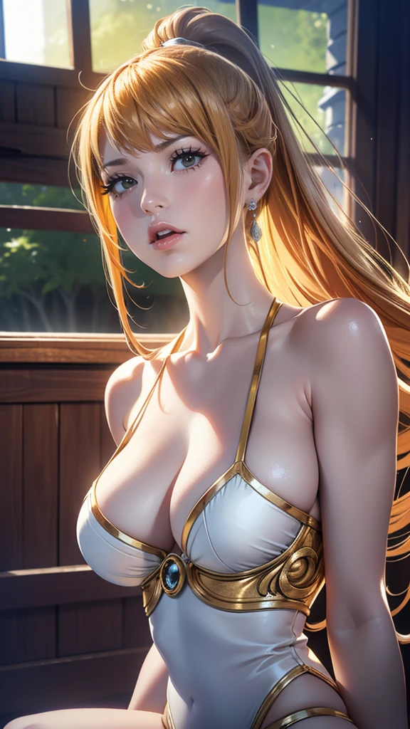 stretching,(Cinematic scene,Fantasy Art,Highest image quality,hyperrealistic portrait,(8k),ultra-realistic,Best Quality,High quality,High Definition,high quality texture,high detailing,Beautiful detailed,fine detailed,extremely details CG,Detailed texture,realistic representation of face,masutepiece,presence,Dynamic,Bold),1gir,Ultra detailed skin,Curve,,Beautiful breasts,Large breasts,pale skin,pointed breast,Erect nipples,ponytail,(Ultra Thin hair),(Ultra Soft hair),(ultra straight hair),Swept long bangs,very light coppery amber hair,Hair over one eye,gym uniformblonde blondes、Eggy High Leg whole body