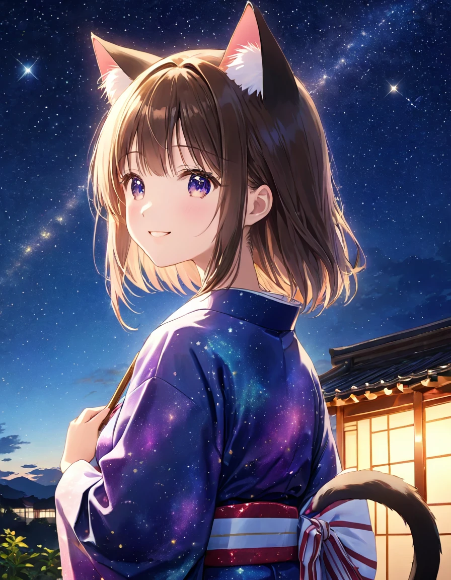 night, Starry Sky,Cute Yukata,Gazing at the sky,Cat ears and tail,high school girl,smile,Glitter effect,Highest quality, 8k, High resolution, masterpiece:1.2, Very detailed, Realistic:1.37, High resolution, 超High resolution, Ultra-fine painting, Very detailed, Professional, Vibrant colors