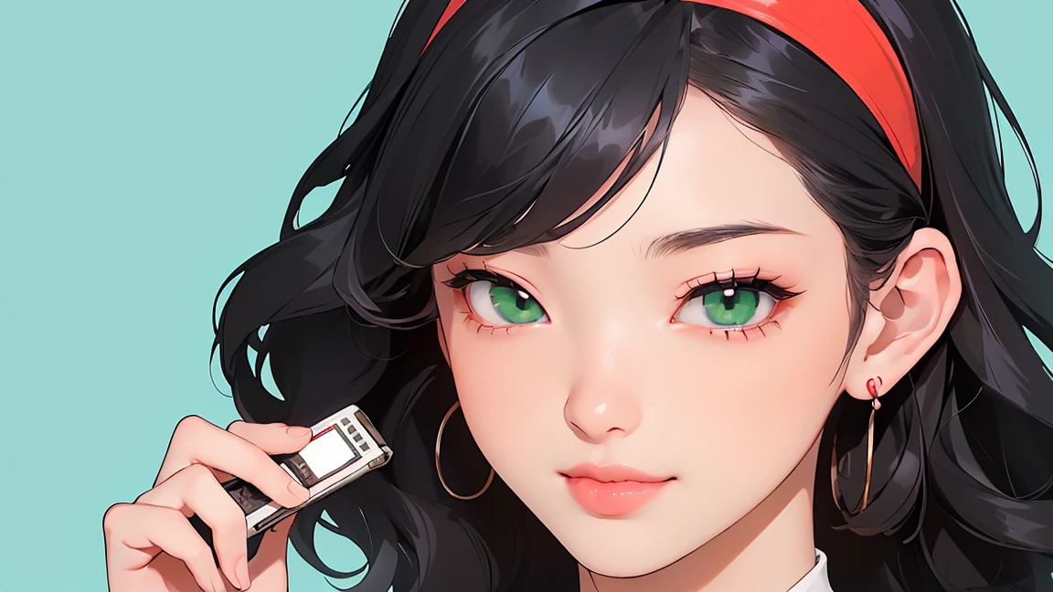 ((((masterpiece, best quality, high resolution)))), Beautiful girl with voluptuous body, (Ultra HD, Ultra-detailed, Highly detailed (1girl:1.5), (Realistic black hair), (short wavy hair, hair ornaments, earrings), (dynamic poses), facing at camera, looking at viewer, (blushing red, embarrassed, smile), (green eyes, sharp eyes), (big perky breasts:1.2), (beautiful detailed face, beautiful detailed eyes),A picture of a girl in anime style holding a cassette tape. The girl has big eyes, black hair, and wears a red hairband. The cassette tape is red and she holds it up in front of her face. The background is simple and the main focus is on the girl and the cassette tape