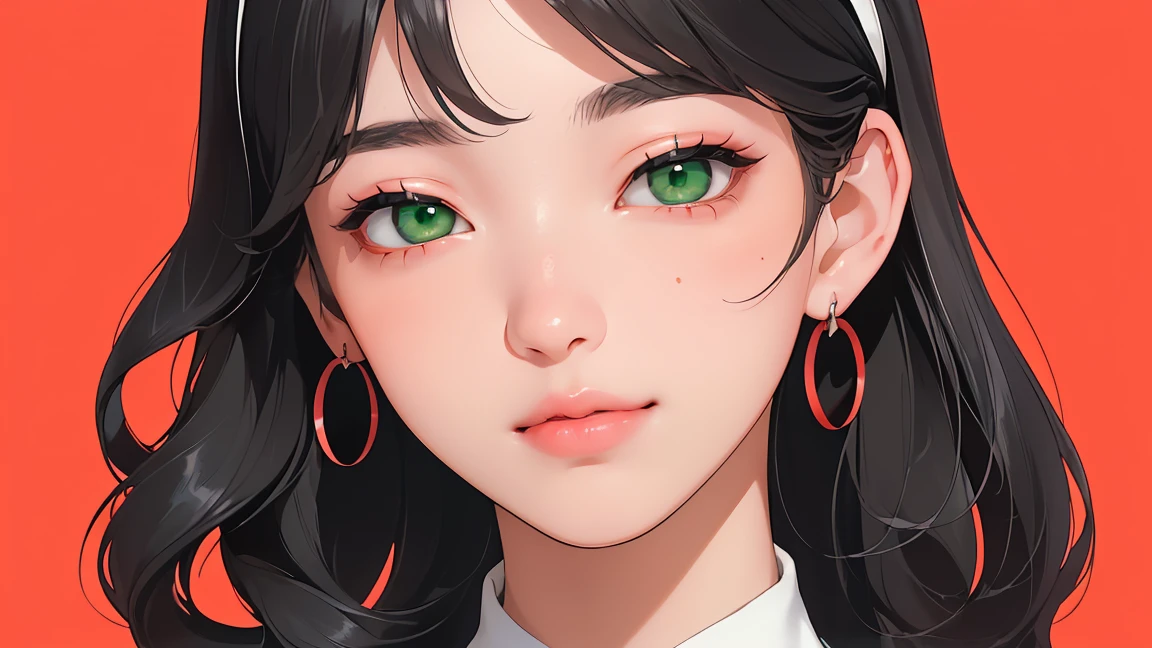 ((((masterpiece, best quality, high resolution)))), Beautiful girl with voluptuous body, (Ultra HD, Ultra-detailed, Highly detailed (1girl:1.5), (Realistic black hair), (short wavy hair, hair ornaments, earrings), (dynamic poses), facing at camera, looking at viewer, (blushing red, embarrassed, smile), (green eyes, sharp eyes), (big perky breasts:1.2), (beautiful detailed face, beautiful detailed eyes),A picture of a girl in anime style holding a cassette tape. The girl has big eyes, black hair, and wears a red hairband. The cassette tape is red and she holds it up in front of her face. The background is simple and the main focus is on the girl and the cassette tape