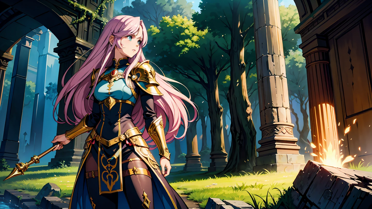 A central female character inspired by fantasy RPGs, standing confidently with a detailed and ornate armor. She has a determined and adventurous expression, holding a magical staff with glowing runes. Her long hair flows gracefully, and she wears a combination of practical yet stylish armor and clothing. The background features a mystical landscape with ancient ruins, glowing crystals, and magical flora, creating an enchanting and adventurous atmosphere. The overall scene captures the essence of a powerful and captivating fantasy RPG character in a magical world.