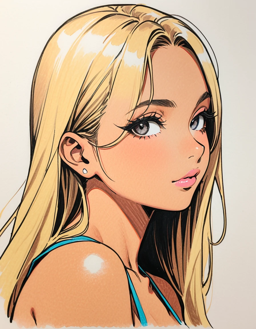 (color pencil drawing:1.3), upper body, from front, draft drawing, female, solo, ((tanned skin:1.3)), bikini, big busts, Showcasing cleavage, blonde long hair, black eyes, black eyeliner, false eyelashes