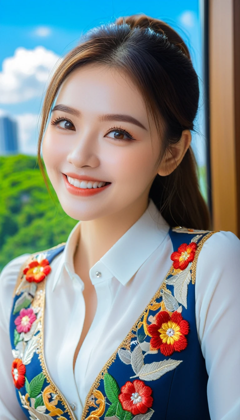 Close-up of an extremely beautiful girl. Her eyes are filled with happiness and desire. The background is a modern, luxurious office. She is wearing an office outfit, embroidered with flowers and leaves, with elaborate, eye-catching patterns. The view of the sky through the window is clear blue, with white clouds floating gently, as beautiful as a fairyland. The photo conveys a strong sense of desire for a modern, civilized urban development opportunity, ((smiling))