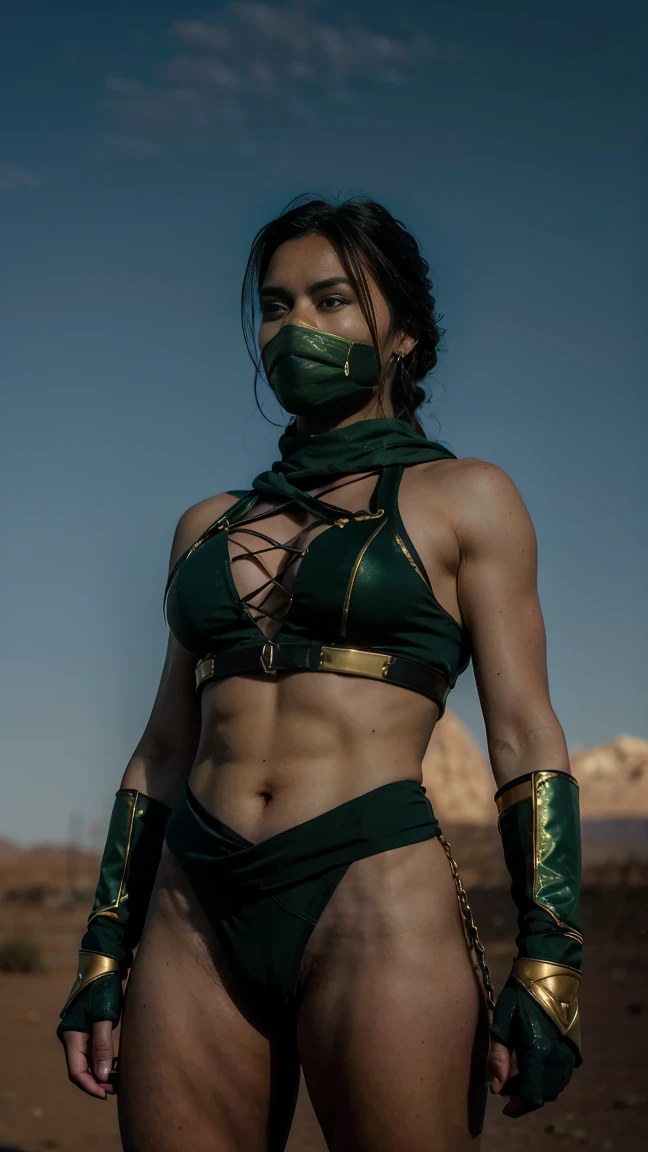 (Highest quality, Ultra HD, 16k, Masterpiece:1.2) A female warrior, Jade from Mortal kombat, embodying a fierce and formidable presence, stands in a desert landscape under a starry sky. The scene is set against a barren, desolate background, with cinematic lighting enhancing the dramatic and intense atmosphere. The warrior, armed and dangerous, dons a striking battle-ready costume with a green and gold color scheme, exuding a sense of raw, untamed power. Her outfit includes a tightly laced bodice that accentuates her muscular physique, with intricate golden trim highlighting the contours. The bodice is designed for both mobility and protection, exposing her powerful abdominal muscles while offering robust support. She wears long, green gloves with gold accents, extending up to her elbows, adding an extra layer of defense and style. Her lower attire consists of high-cut, form-fitting briefs that allow for maximum agility, also adorned with golden edges to match the bodice. Straps crisscross her chest, adding both functionality and an additional layer of intricate design to her ensemble. A pair of sturdy, high boots, similarly green with gold trim, completes her outfit, offering both protection and a firm grip on the rugged terrain. Her face is partially concealed by a sleek, green mask that covers her nose and mouth, adding an air of mystery while protecting her from the harsh desert elements. Her black hair is tied back in a no-nonsense style, keeping it out of her face and emphasizing her determined, focused gaze. As she stands in the arid wasteland, the background is illuminated by the fading light of dusk, with rocky outcrops and distant mountains silhouetted against the sky. The sky above is a mix of deep blues and purples, dotted with stars, casting a serene yet foreboding light over the scene. The overall composition emphasizes the stark contrast between the warrior's dark, armored attire and the bright, expansive desert environment. 