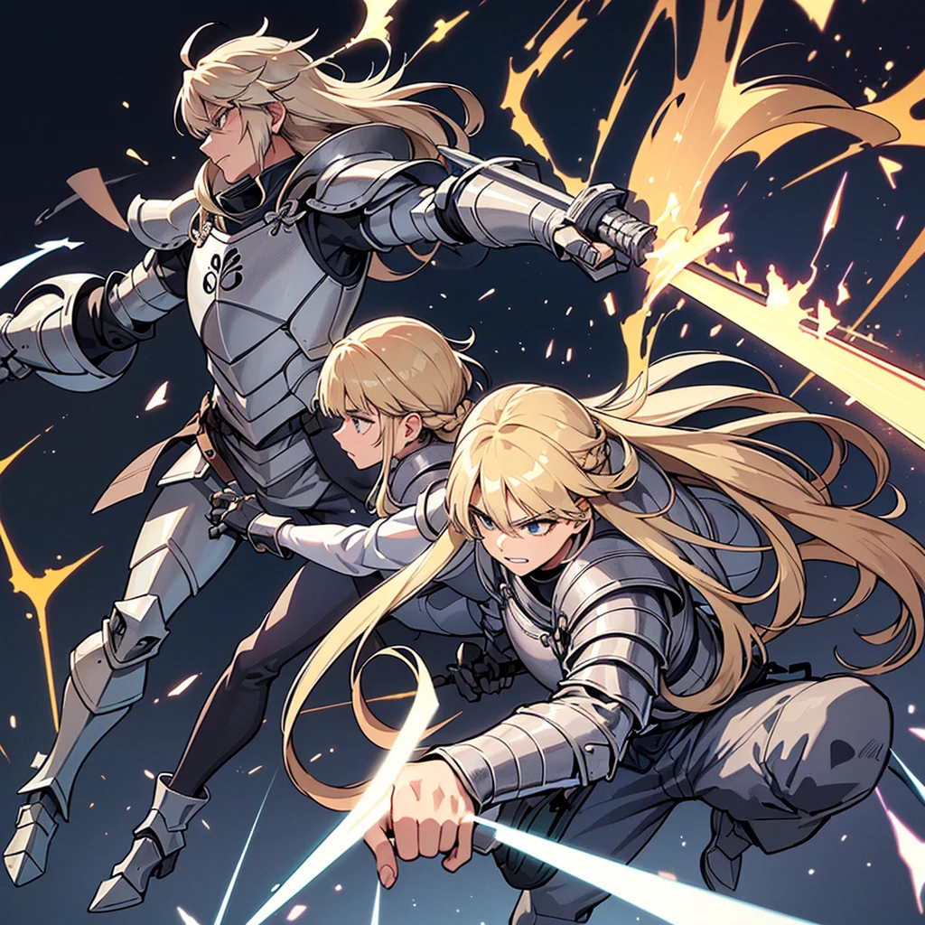 (Full body character concept、10 people)、Highest quality, Best Quality, Best illustrations, (((Grey Armor)))、(((Blond long hair man、Long-haired man、male、24-years-old、Cool guy)))、(Medieval Knight)、(Navy blue trousers)、(get annoyed、Clench your teeth)、(Living in the desert)、(White background)、Run、(profile)、(Grab the sword)、(attack、Same angle、Deathblow、sparks)、Fighting stance