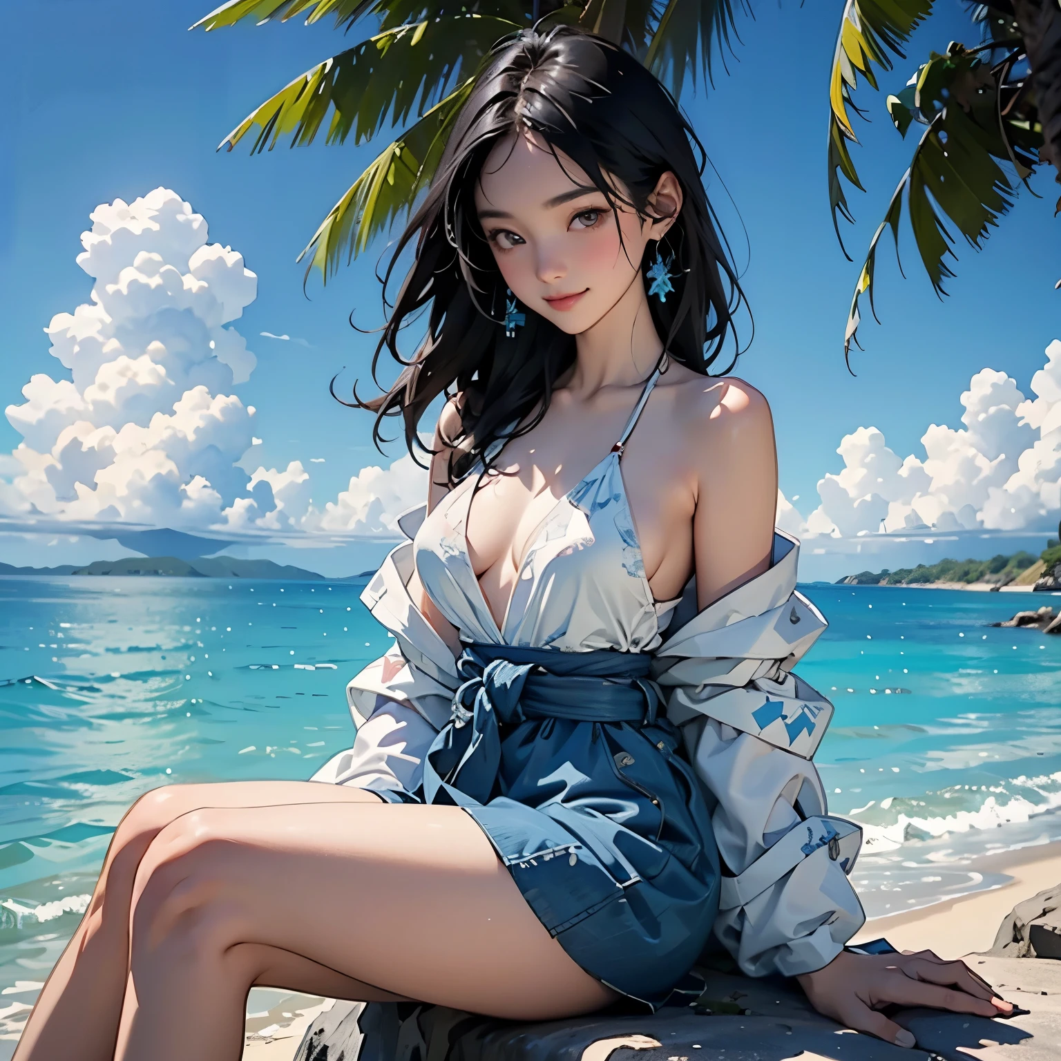 Beautiful 18 year old Japanese woman、Hair color is black、black eye、Medium Hair、Straight hair、smile、Slim but well-proportioned body,、sitting on a rock on the shore、Beautiful blue sky and white clouds、summer、Lace Bikini，Bikini Swimwear、(A pareo with bold ethnic patterns and primary colors wrapped around the waist and skirt)、The sea is beautiful、The horizon is beautiful、An island is visible offshore