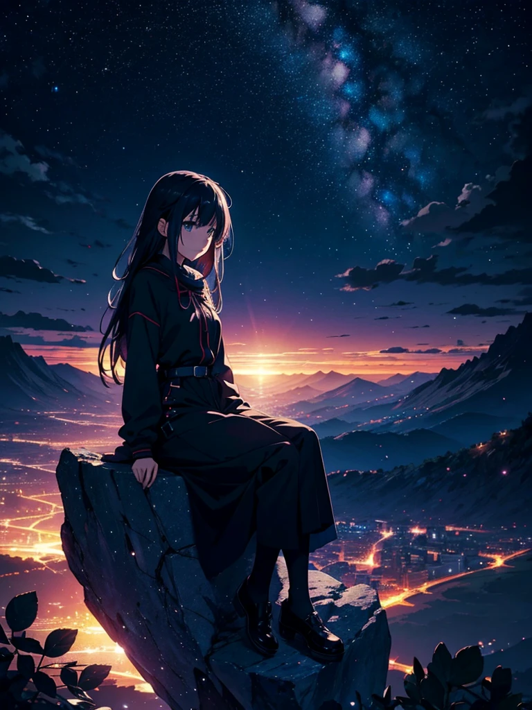 Anime Starry Sky,dark background,Anime girl sitting, Thoughtful and beautiful Looks at the Stars,mystical,Beautiful landscape,Breathtaking,About the beat Feels in the image,The scale of the painting is fascinating, 4k Wallpaper Images.