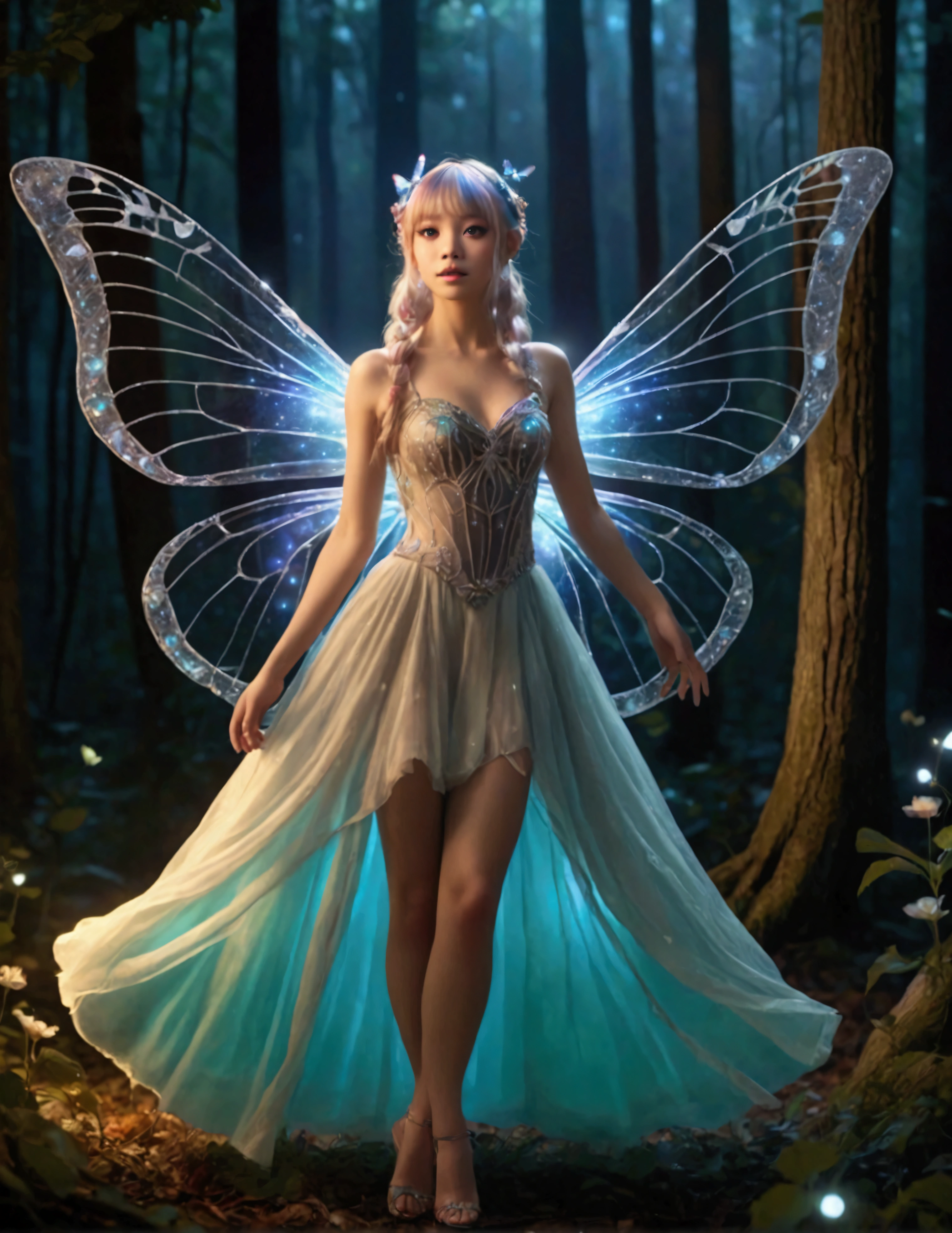 (Lalisa Manobal, age 25) cute fairy, crystalline butterfly wings, prismatic hair, large eyes, spider silk gown, dancing in a ring of toadstool, ethereal lighting, woods at night, (best quality,4k,8k,highres,masterpiece:1.2),ultra-detailed,(realistic,photorealistic,photo-realistic:1.37),fantasy,magical,whimsical,vibrant colors,dramatic lighting